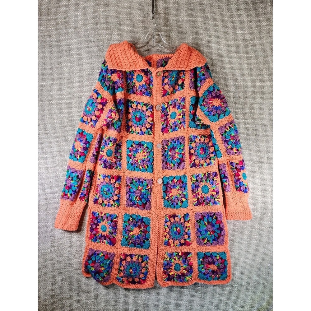 Handmade Crochet Granny Square Cozy Cardigan Sweater One Size Colorful Boho